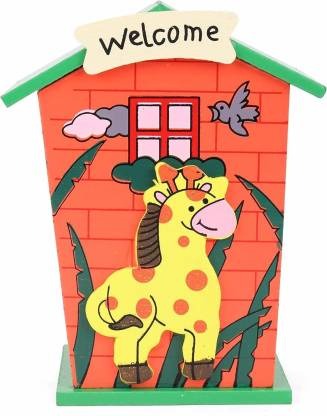Top view of the cartoon house wooden piggy bank, highlighting its compact size.