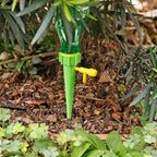 Drip irrigation kit with self-watering spikes installed in a plant pot.