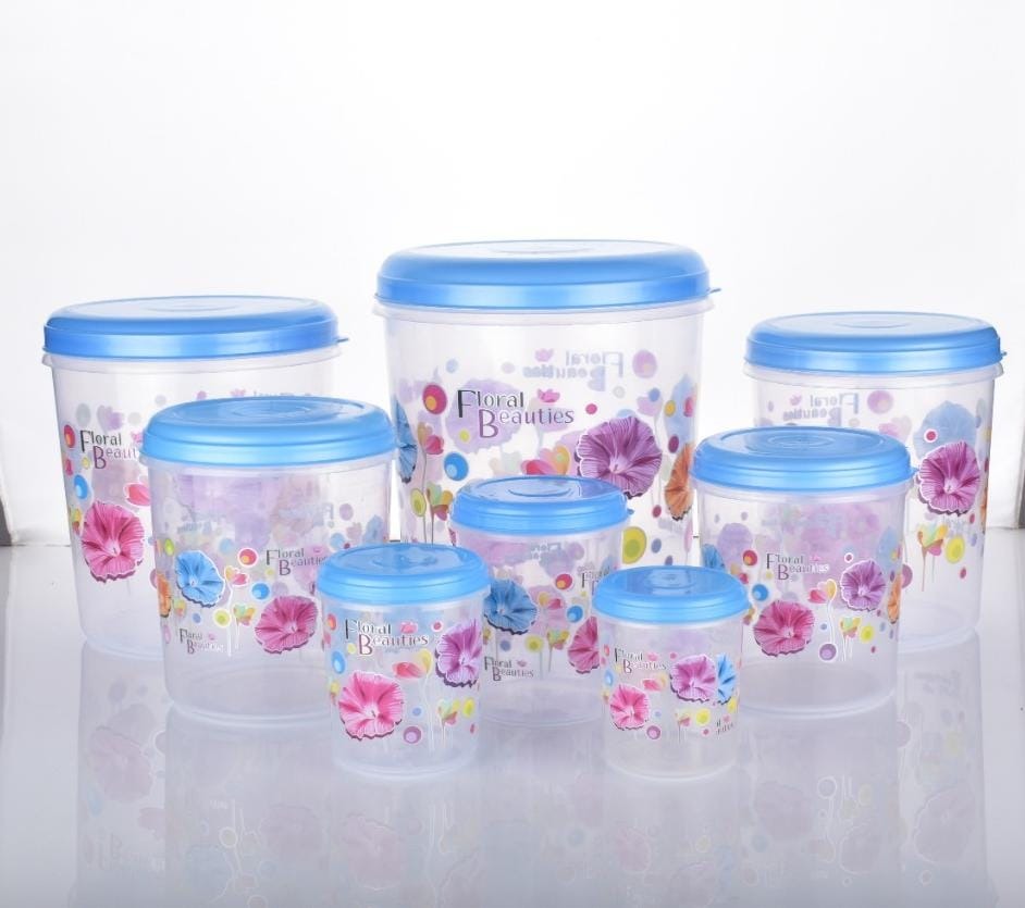 Complete 8-piece air tight plastic container set with elegant floral design.