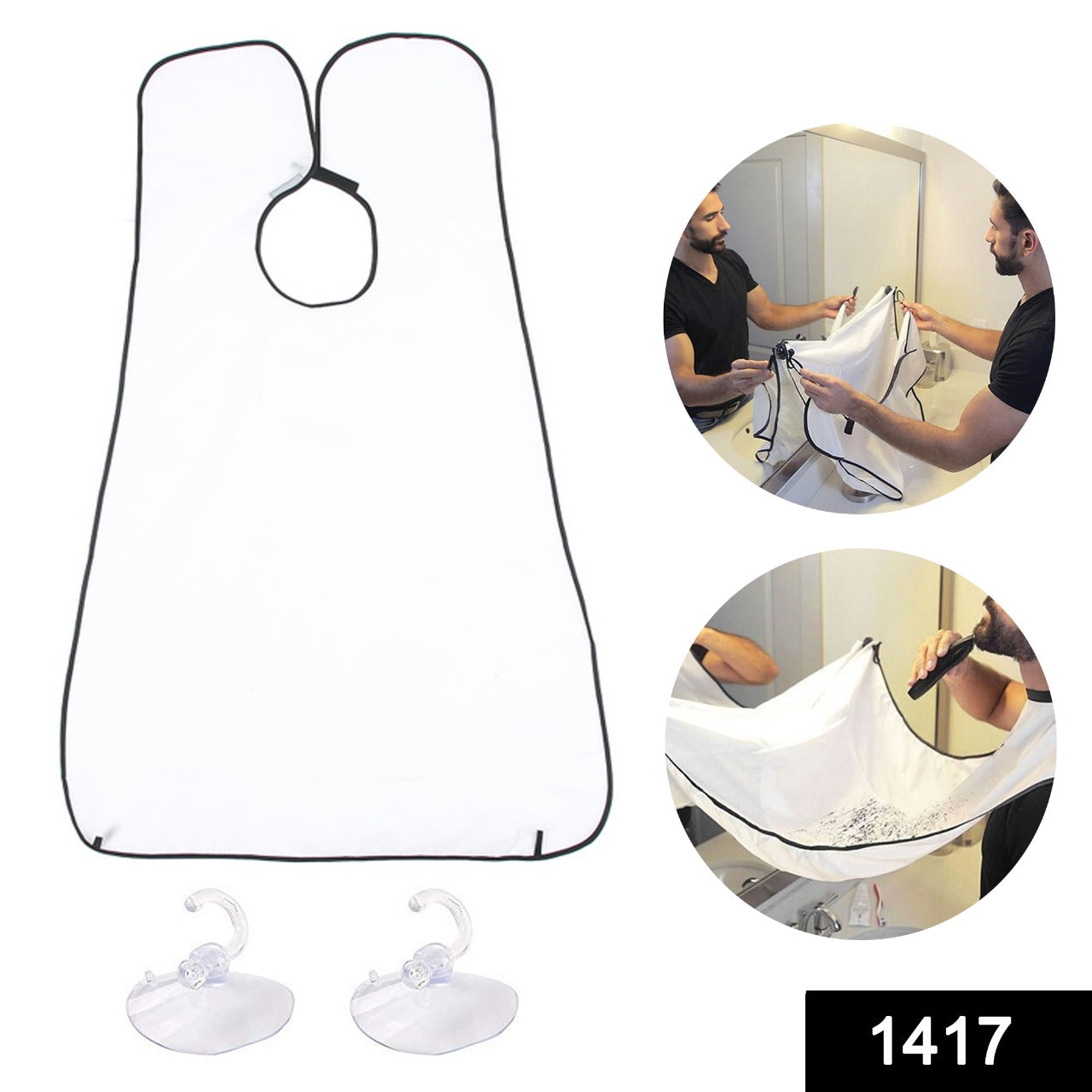 Man smiling while using the hair clippings catcher bib for a clean beard grooming.