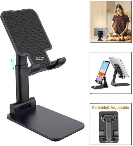Compact, folded portable mobile stand, ideal for travel.