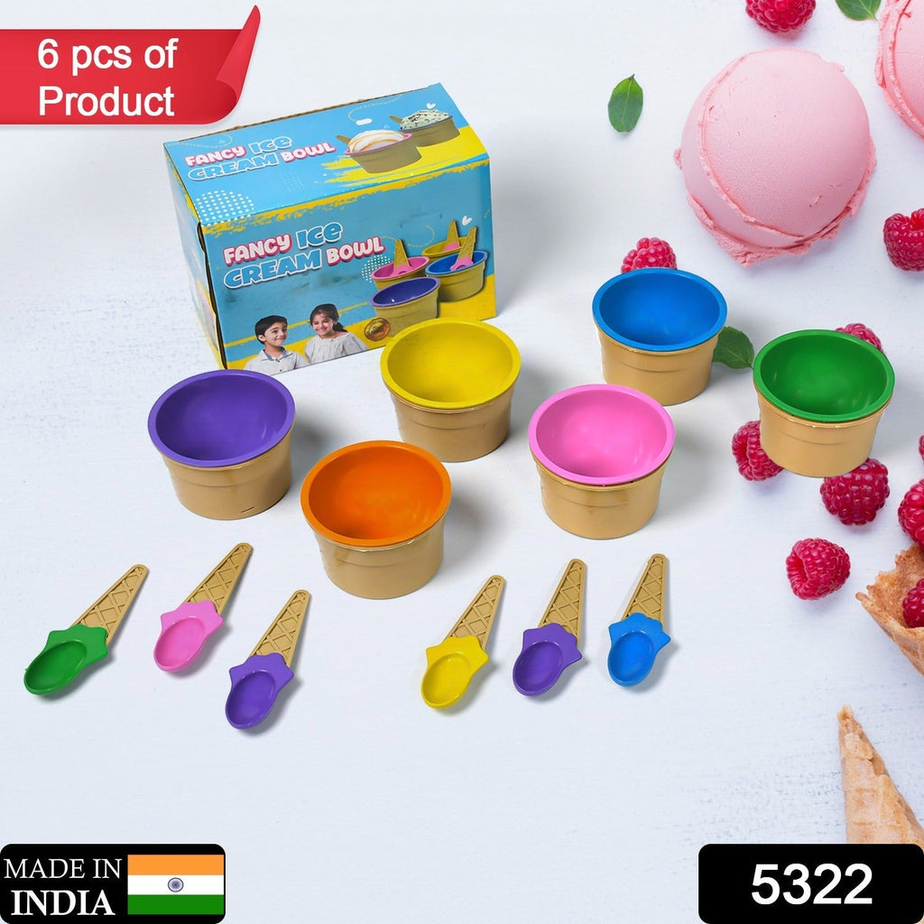 Close-up of vibrant plastic ice cream bowls with matching spoons