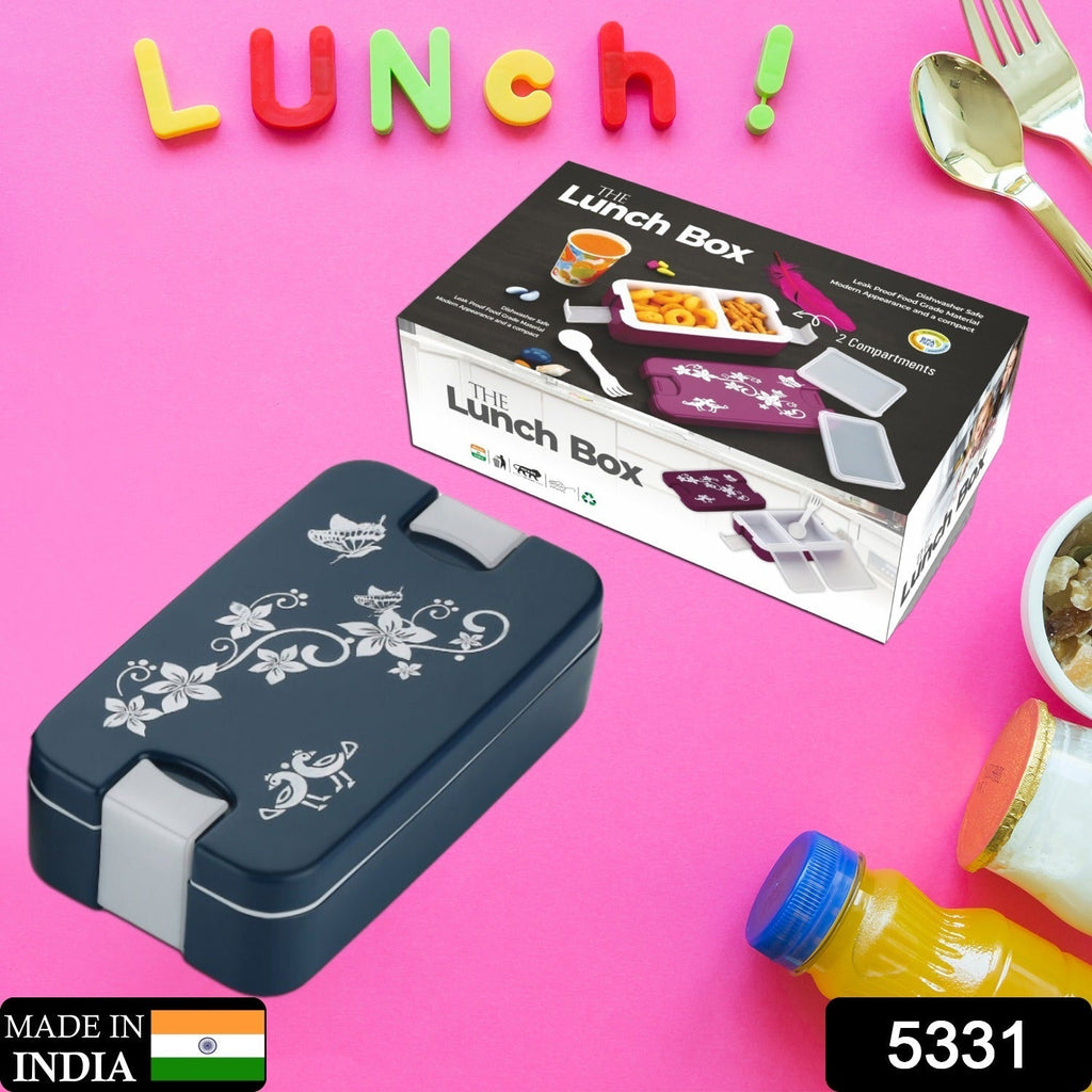 Front view of the blue airtight lunch box with its secure lid and spoon.