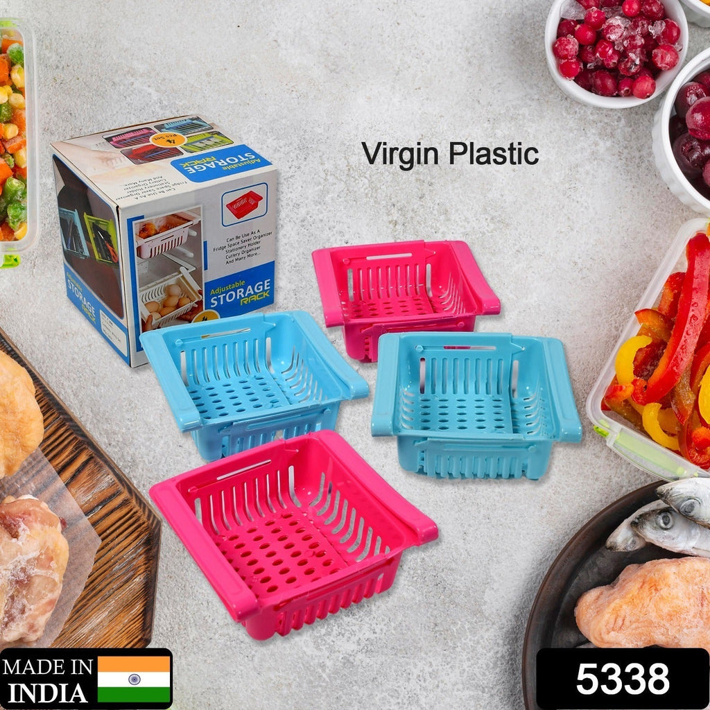 Set of four multi-color adjustable fridge storage baskets for efficient organization.