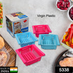 Set of four multi-color adjustable fridge storage baskets for efficient organization.