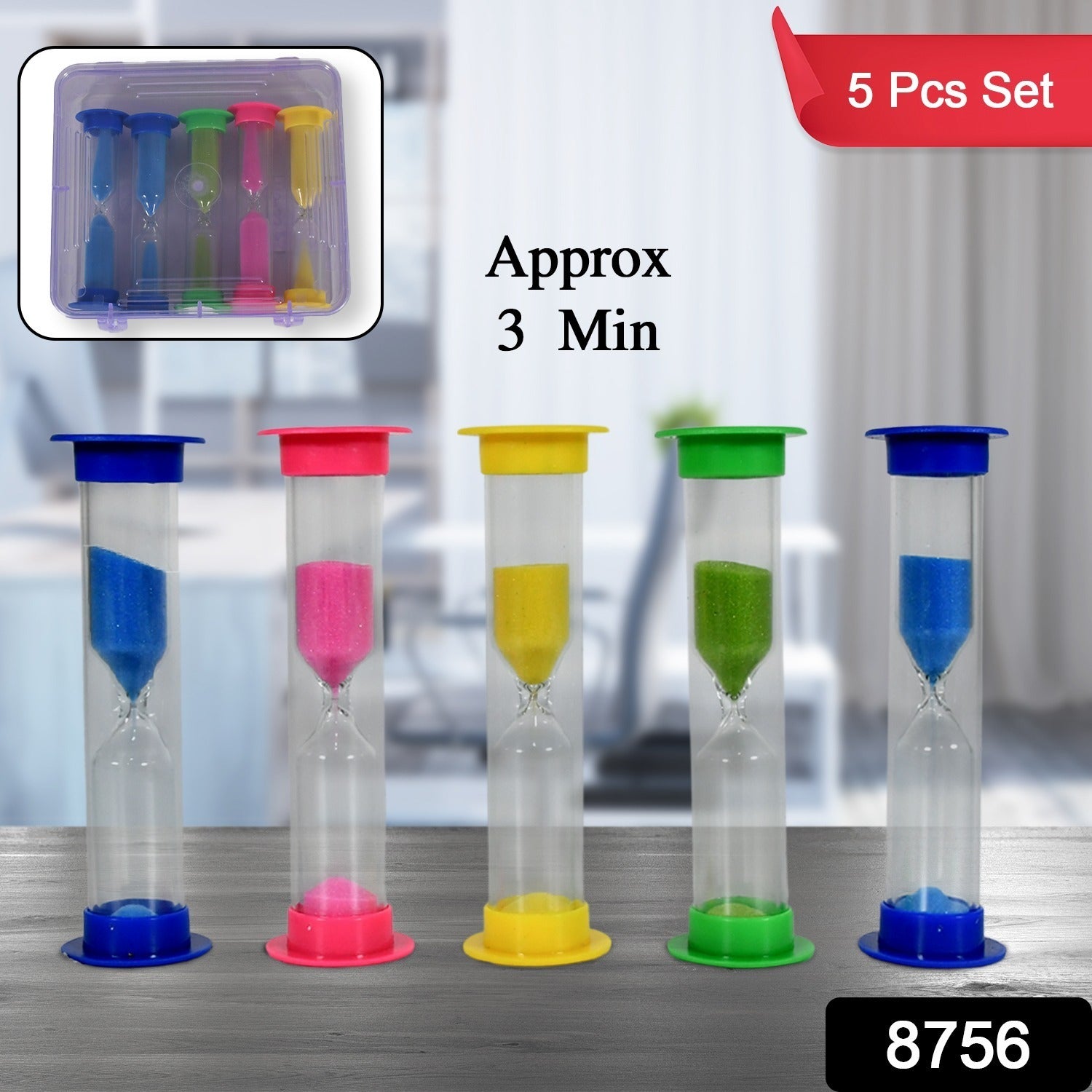 Close-up of a blue plastic sand timer, highlighting its durable design and flowing sand.
