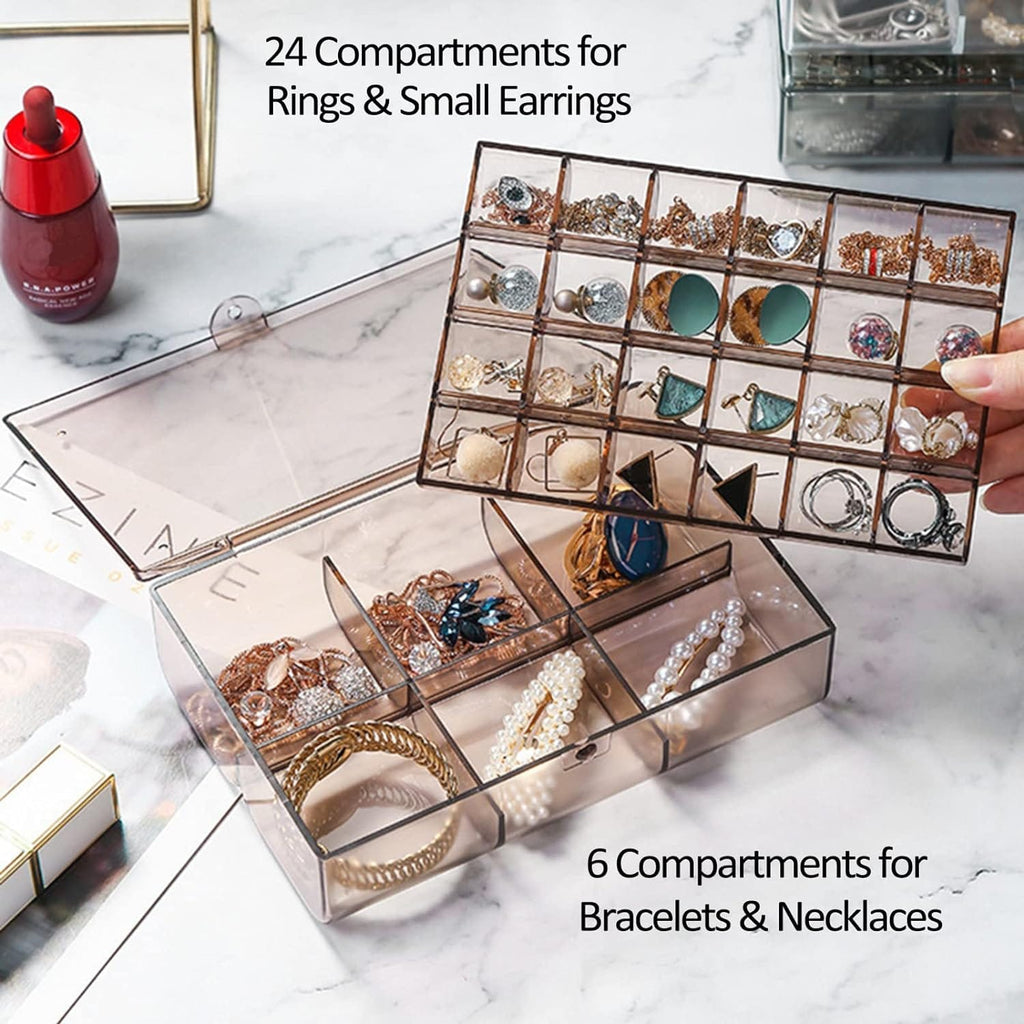 Open acrylic jewelry storage showing 24 small and 6 large compartments.