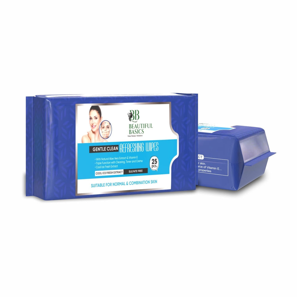 Beautiful Basics refreshing wet face wipes pack, with the lid open to show the wipes inside.