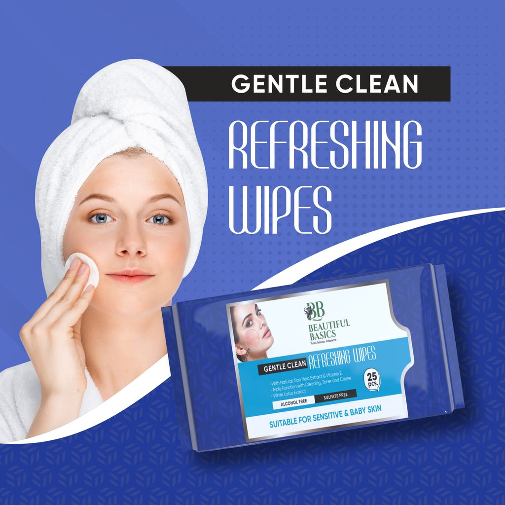 Beautiful Basics Face Wipes displayed with fresh ingredients like fruit extracts.