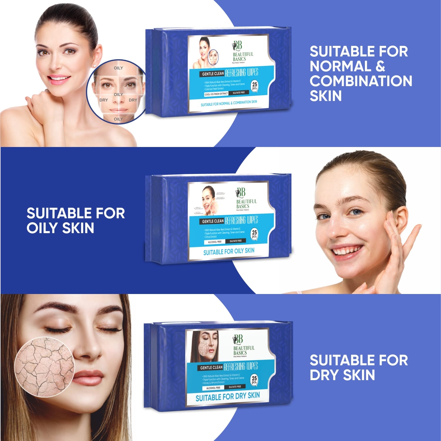 Facial cleansing wipes pack for gentle care, suitable for all skin types.