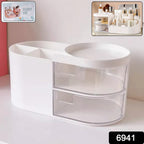 Rotating vanity organizer tray holding makeup and skincare products