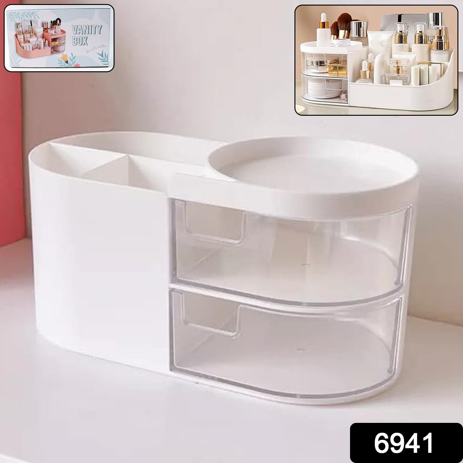 Rotating vanity organizer tray holding makeup and skincare products
