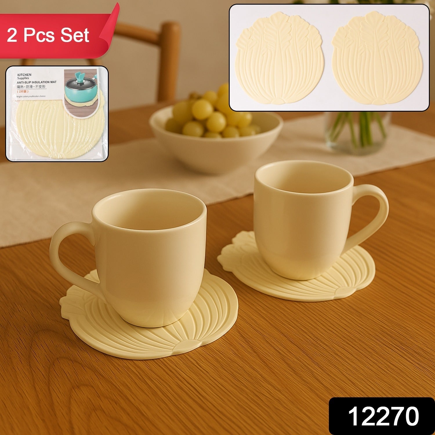 Two green silicone leaf coasters holding a cup of tea