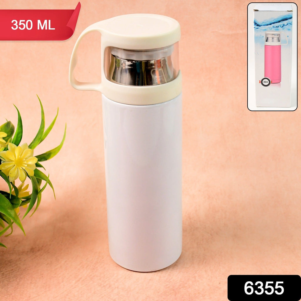 Side view of stainless steel vacuum flask showing sleek glossy body and lid