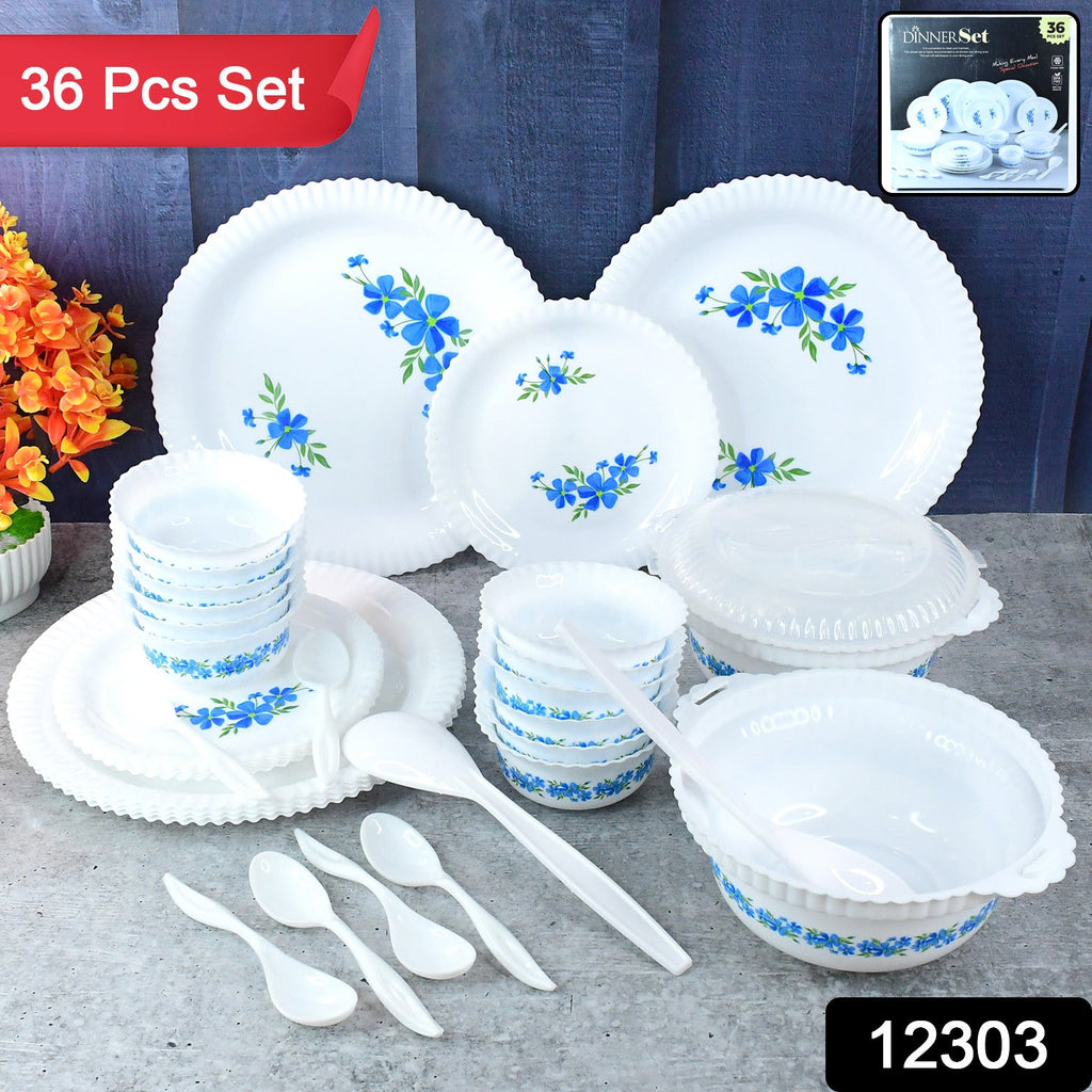 Deluxe 36-piece plastic dining set including bowls and spoons with blue accents