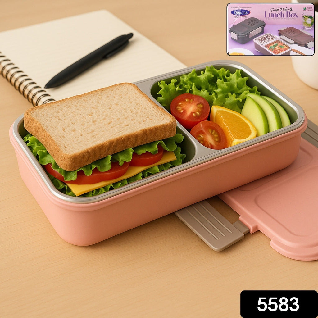Lunch box showcasing two separate compartments and secure leakproof lid