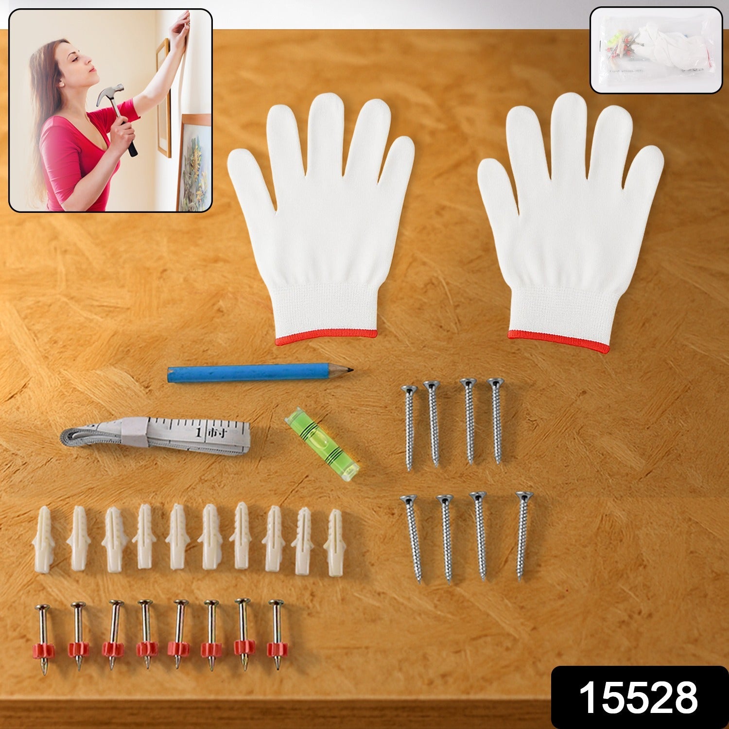 Close-up of wall mounting kit components including gloves and screws for accurate installation