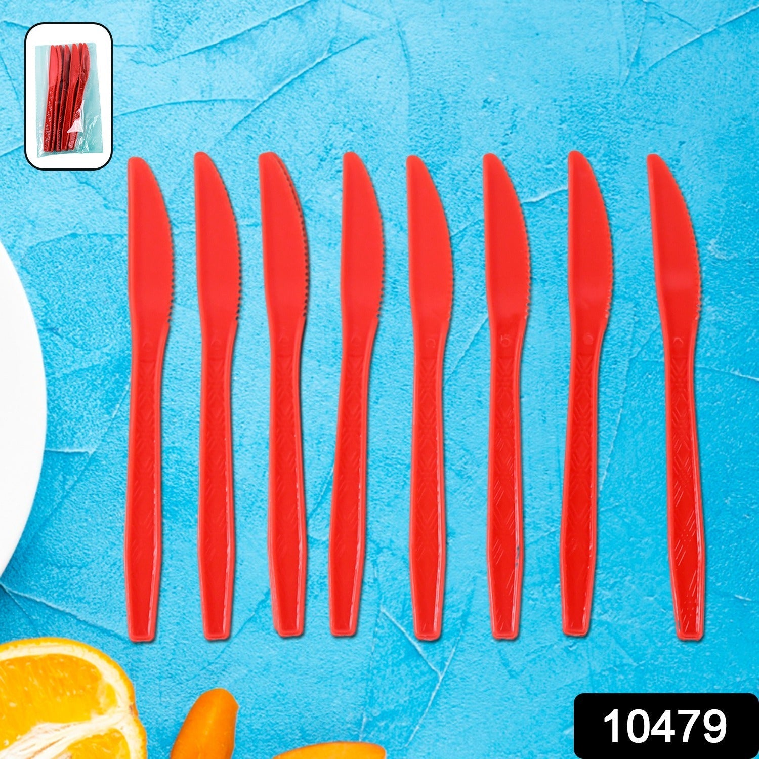 Travel and picnic set of durable plastic knives in red color