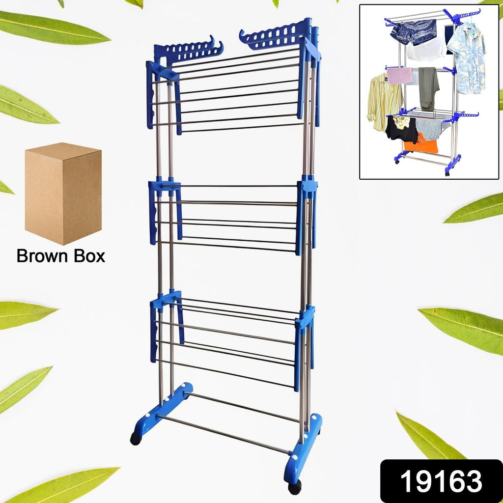 Extendable foldable drying rack displaying multiple garments for indoor drying