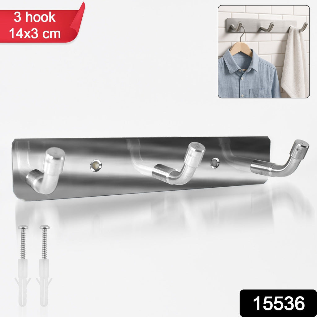 Close-up view of stainless steel 3-hook rack installed on wall