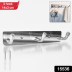 Close-up view of stainless steel 3-hook rack installed on wall