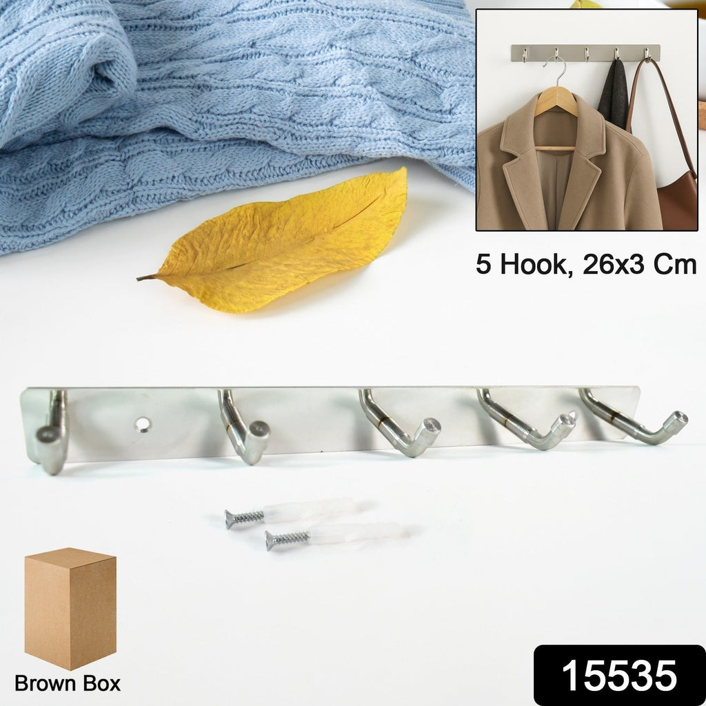 Close up of 5-hook stainless steel wall organizer mounted with screws