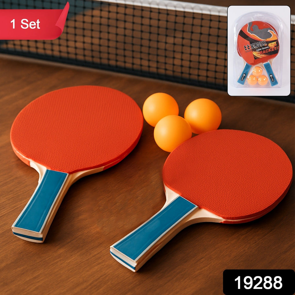 Close-up of Konex table tennis paddle showing ergonomic wooden handle