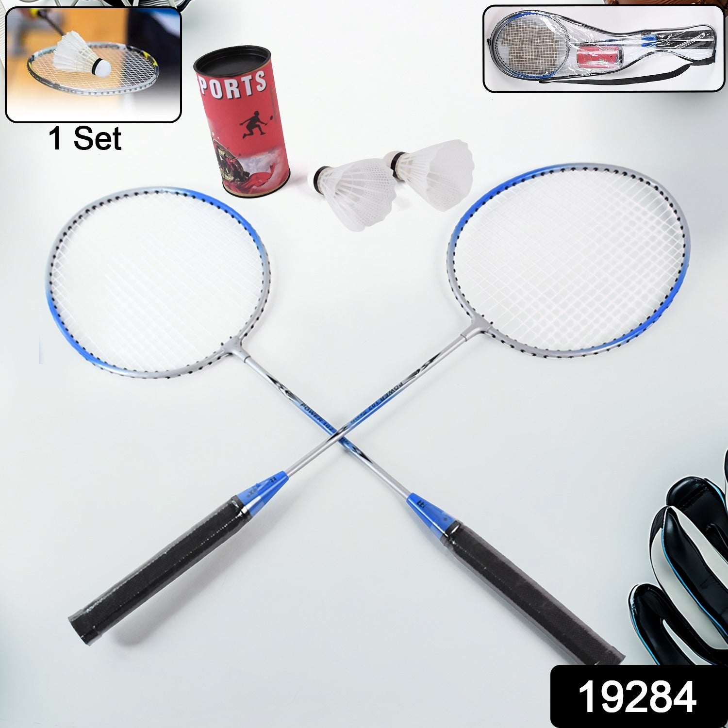 Components of badminton set including rackets and nylon shuttlecocks