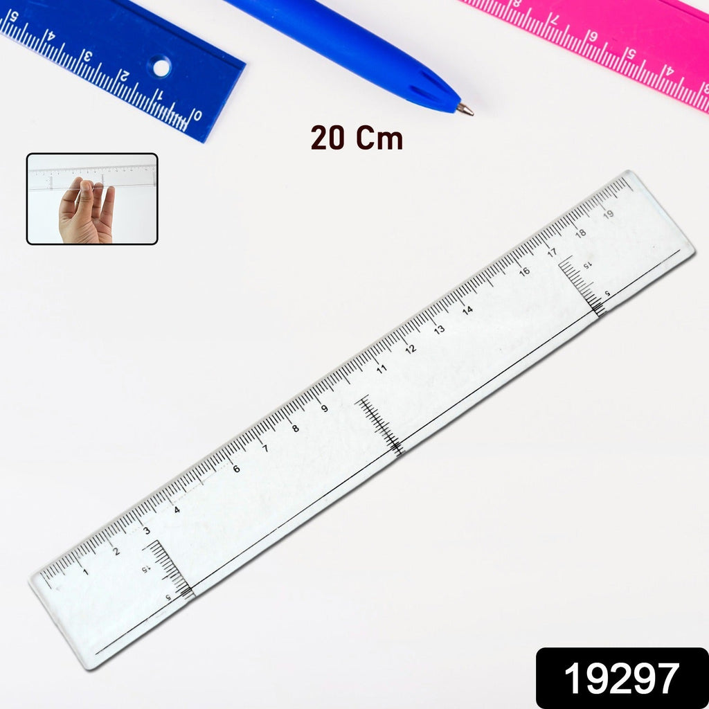 Close-up of transparent plastic ruler with centimeter and inch scales