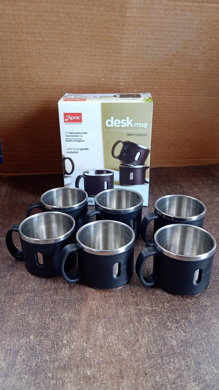 Stainless steel desk mug showcasing ergonomic handle and sleek design
