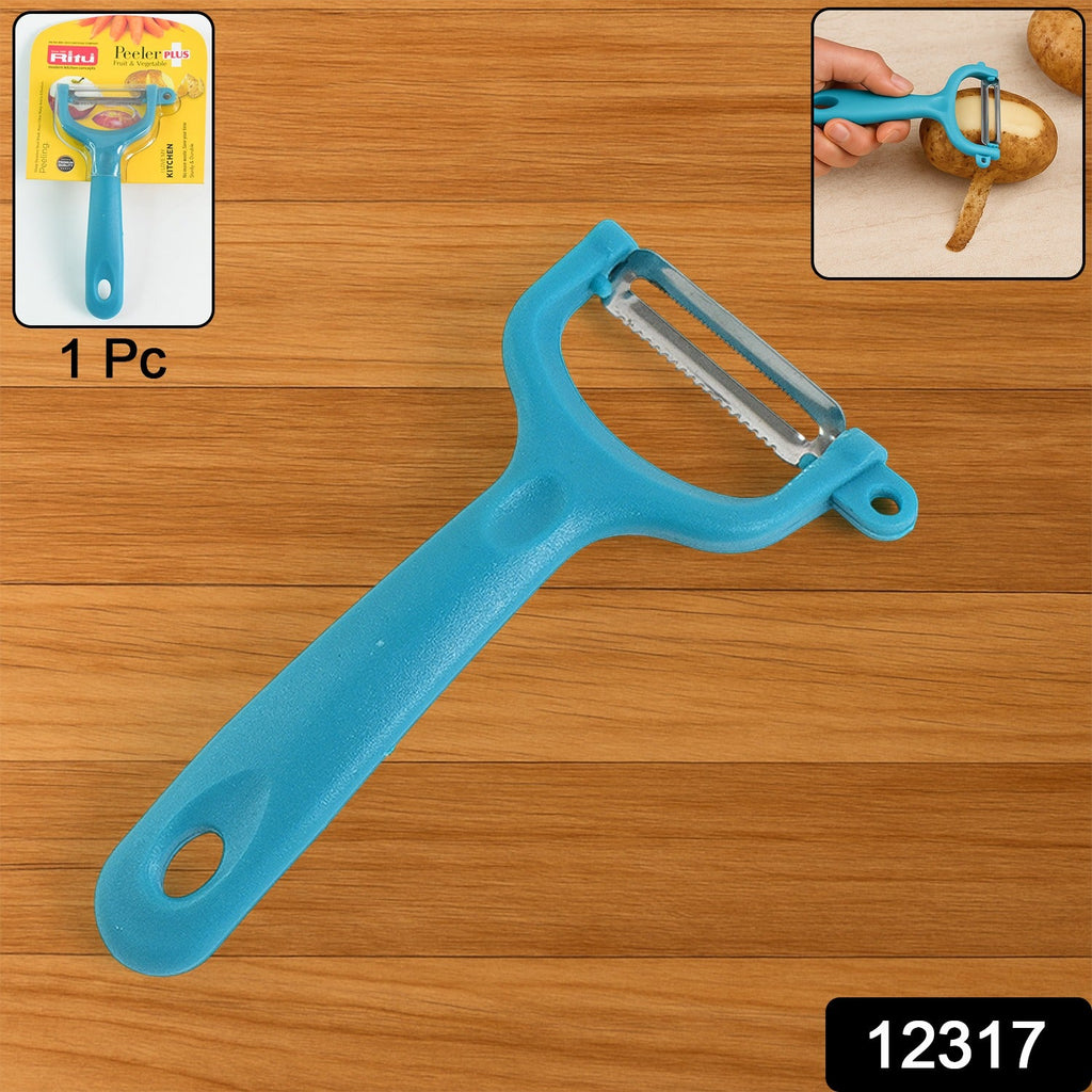 Ergonomic vegetable peeler with a plastic handle, shown from a different angle.