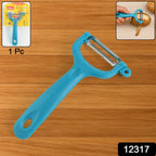 Ergonomic vegetable peeler with a plastic handle, shown from a different angle.