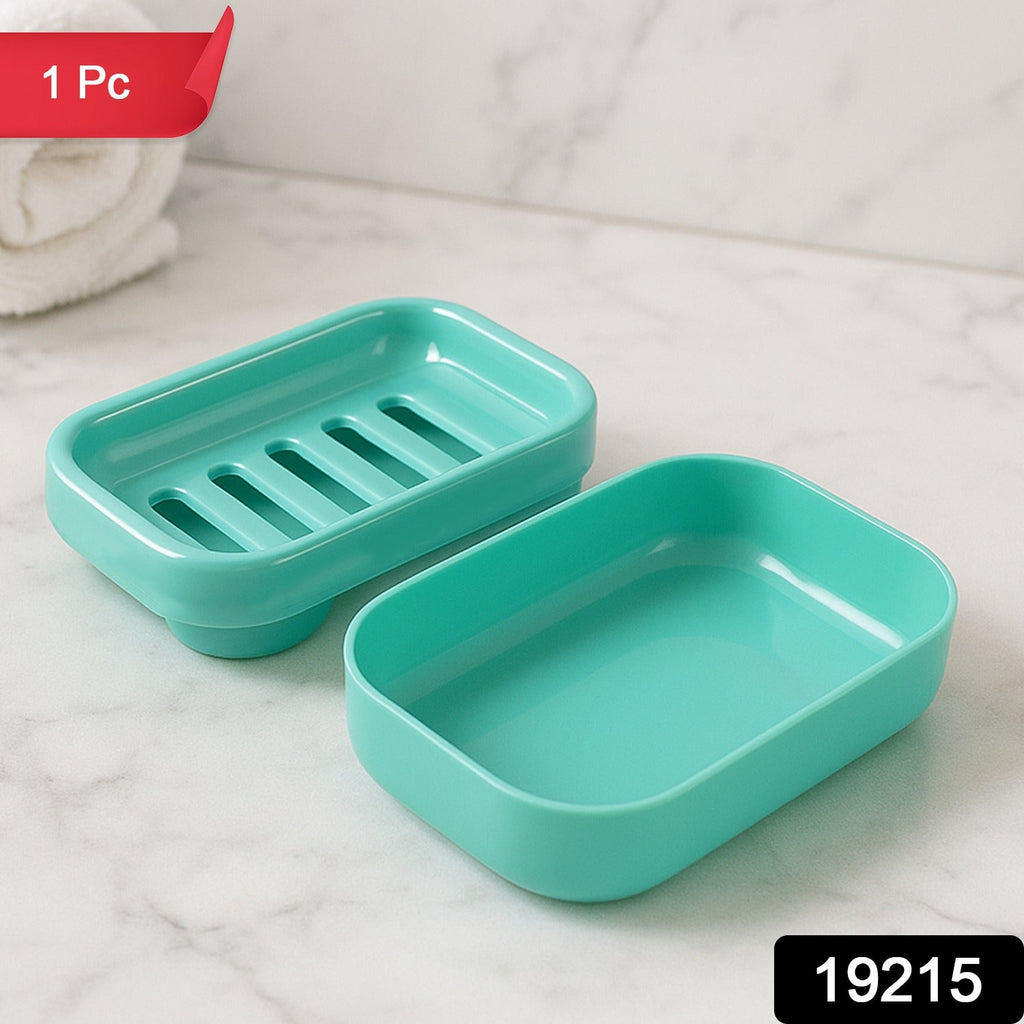Compact plastic soap holder open to display slotted drainage base in aqua green