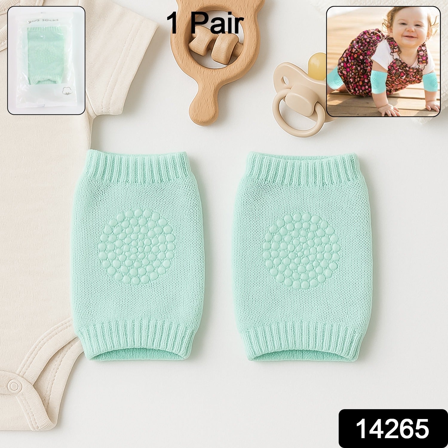Mint green toddler wool knit knee protector leg warmer on white background