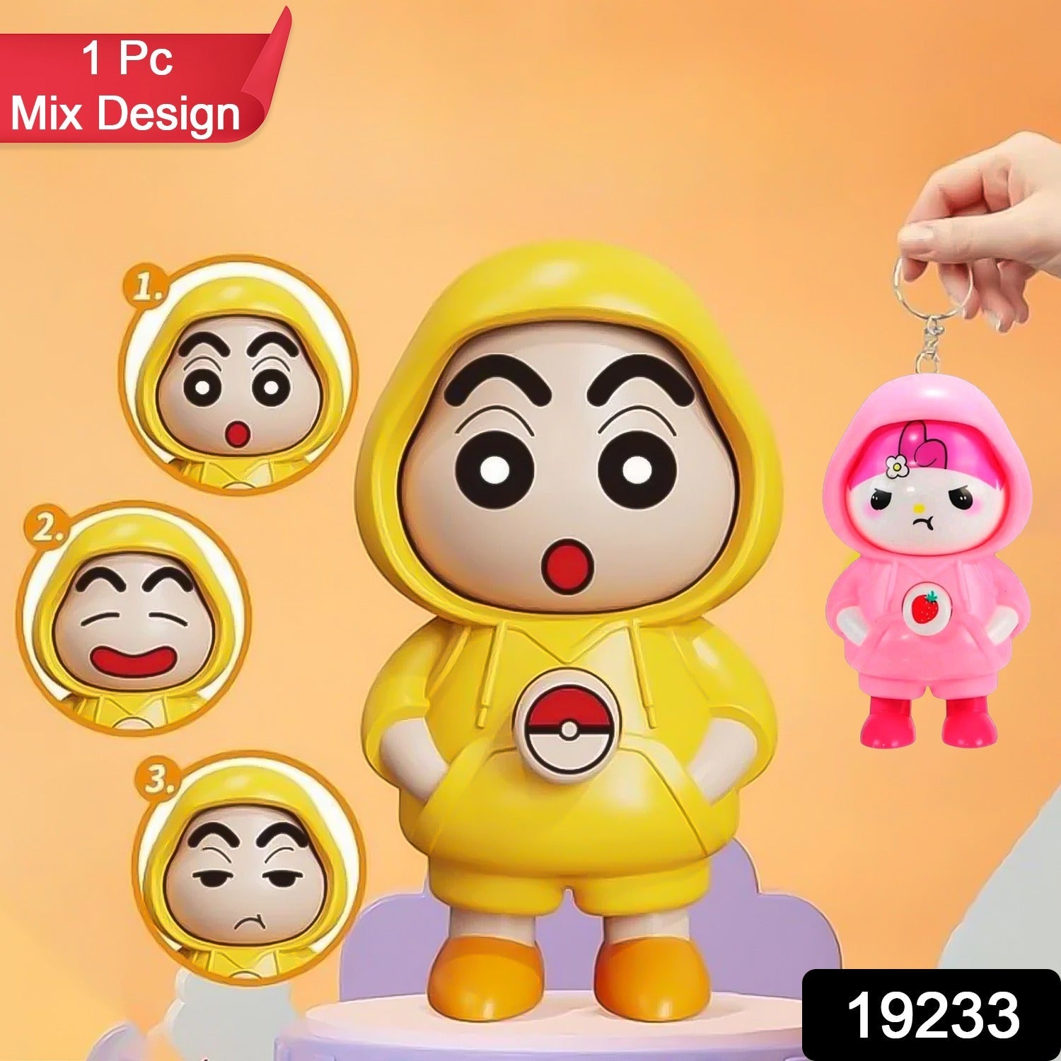 Mixed colour Face Changing Keychain showing its three different expressions.