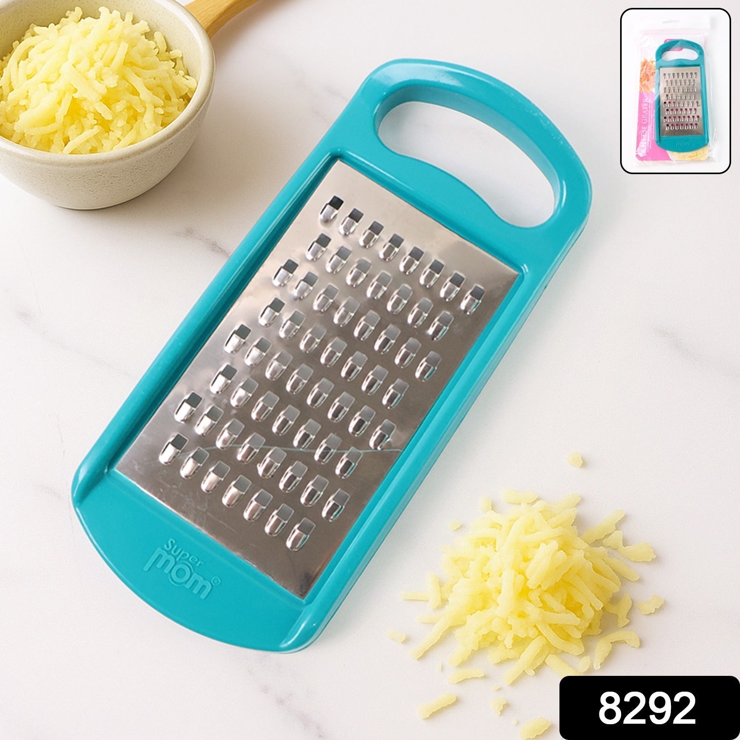 Close-up view of ergonomic handle on Supermom cheese grater for comfortable grip