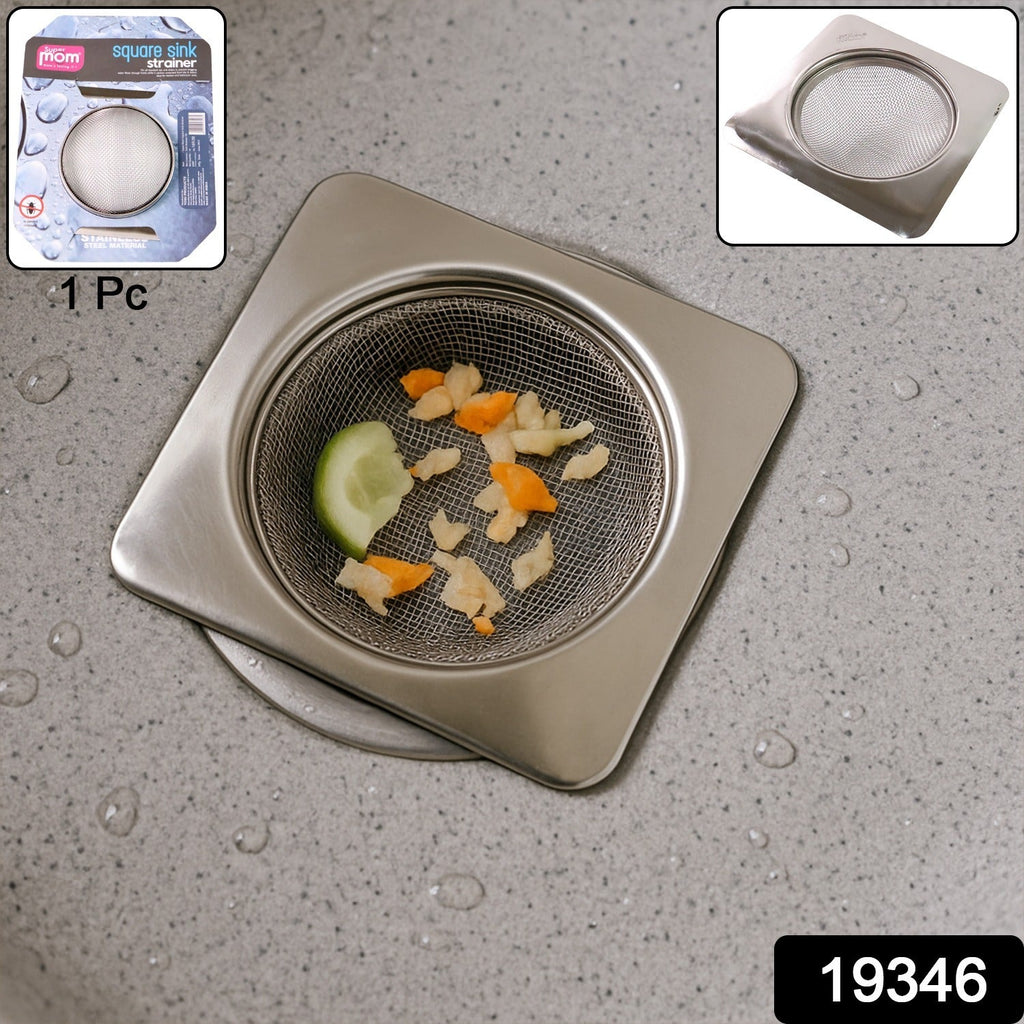 Square sink drain strainer capturing food waste flakes