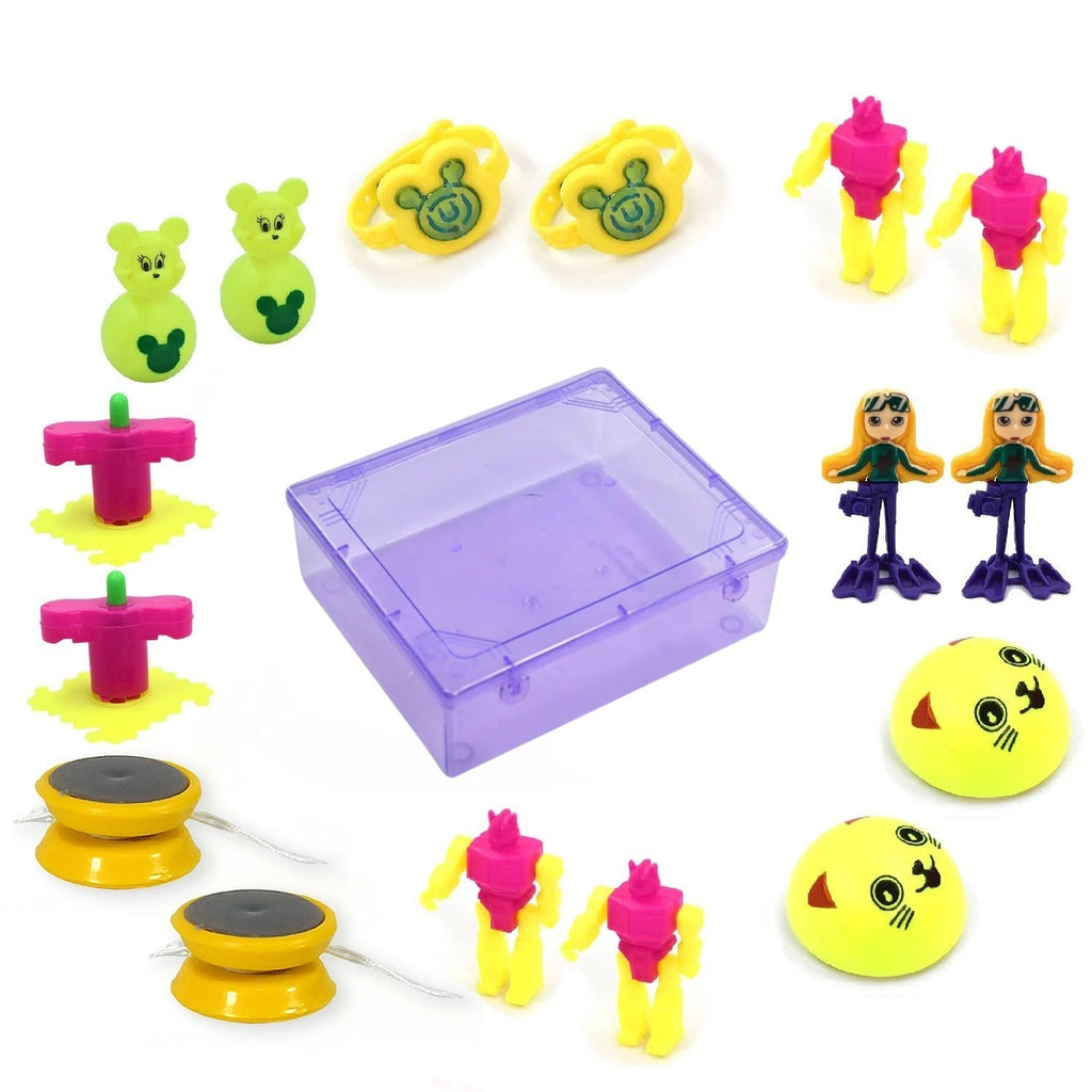 Vibrant friction powered toy vehicles including cars, trucks, and airplanes.