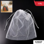 Close-up view of drawstring closure on reusable mesh storage sack
