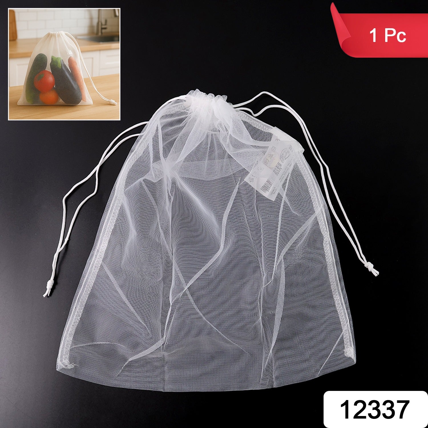Close-up view of drawstring closure on reusable mesh storage sack