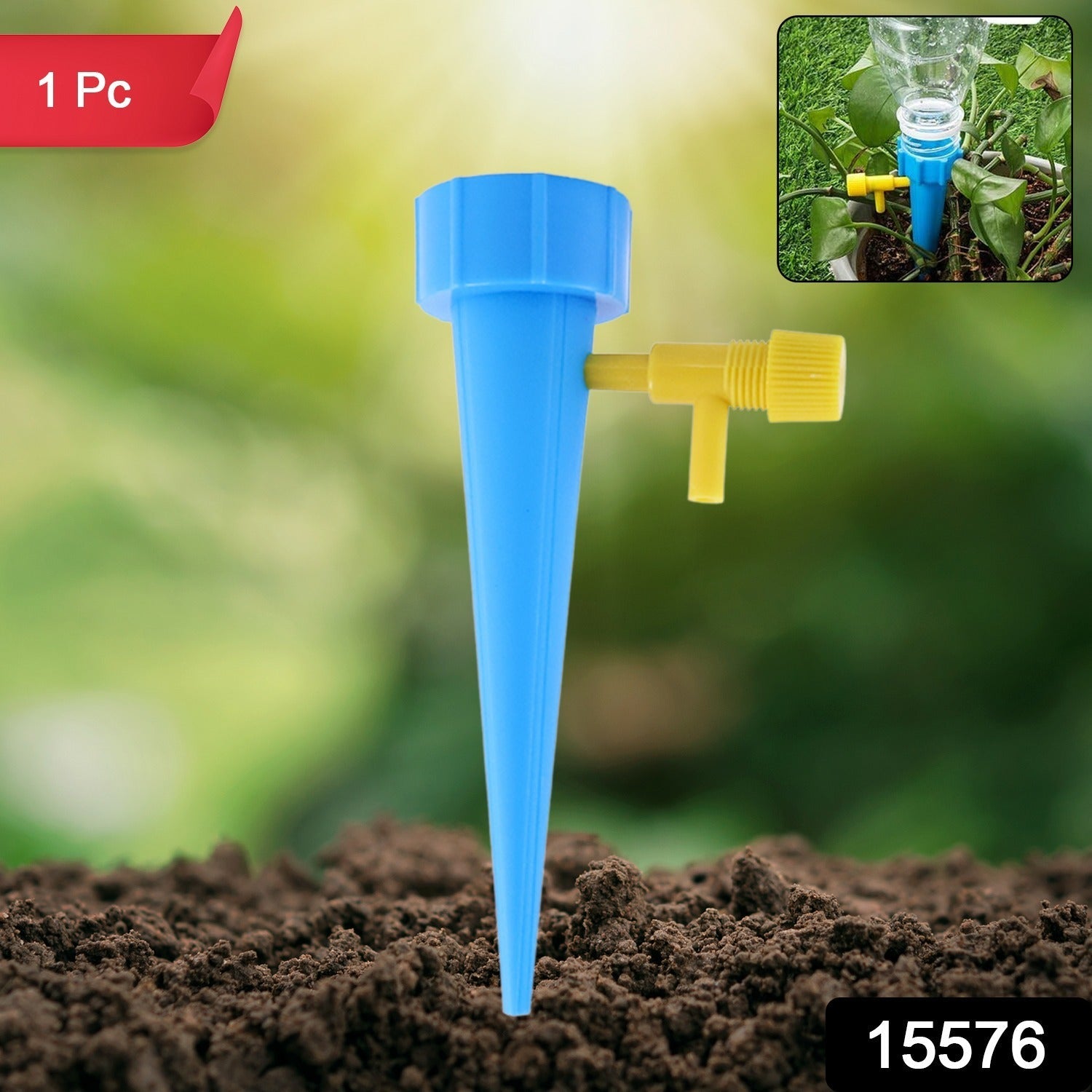 Adjustable blue watering spike connected to bottle for slow water release