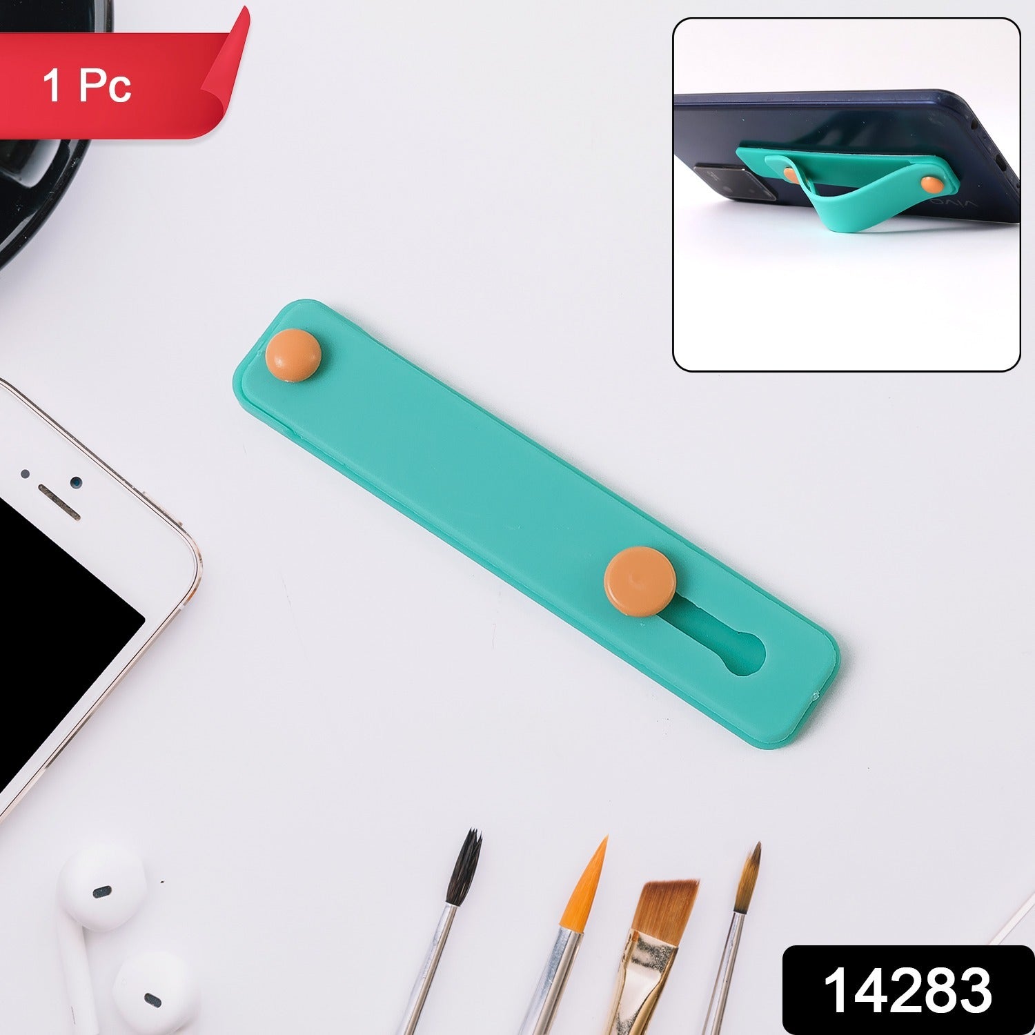 Close-up of teal green phone grip strap on mobile phone