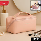 Compact peach utility pouch for cosmetics and toiletries with sturdy handle