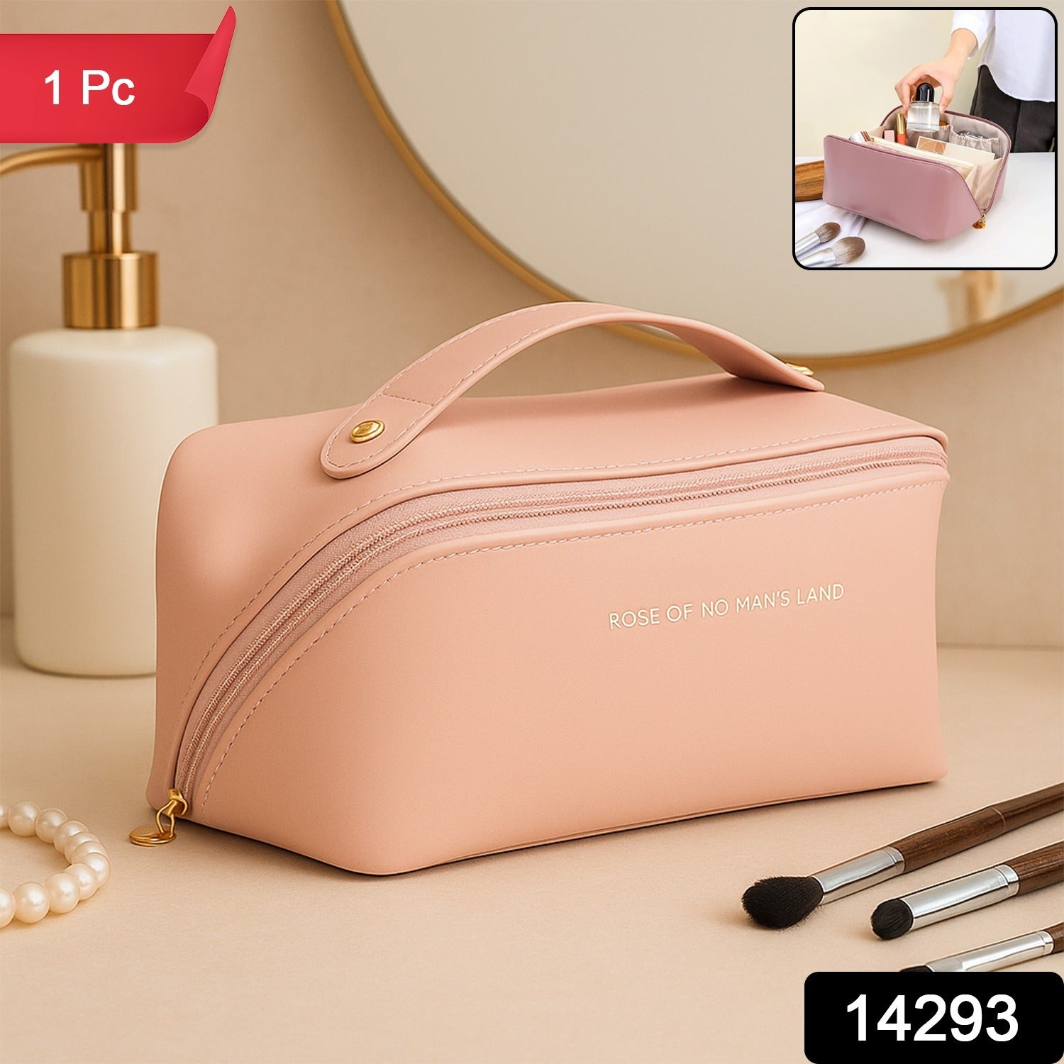 Compact peach utility pouch for cosmetics and toiletries with sturdy handle