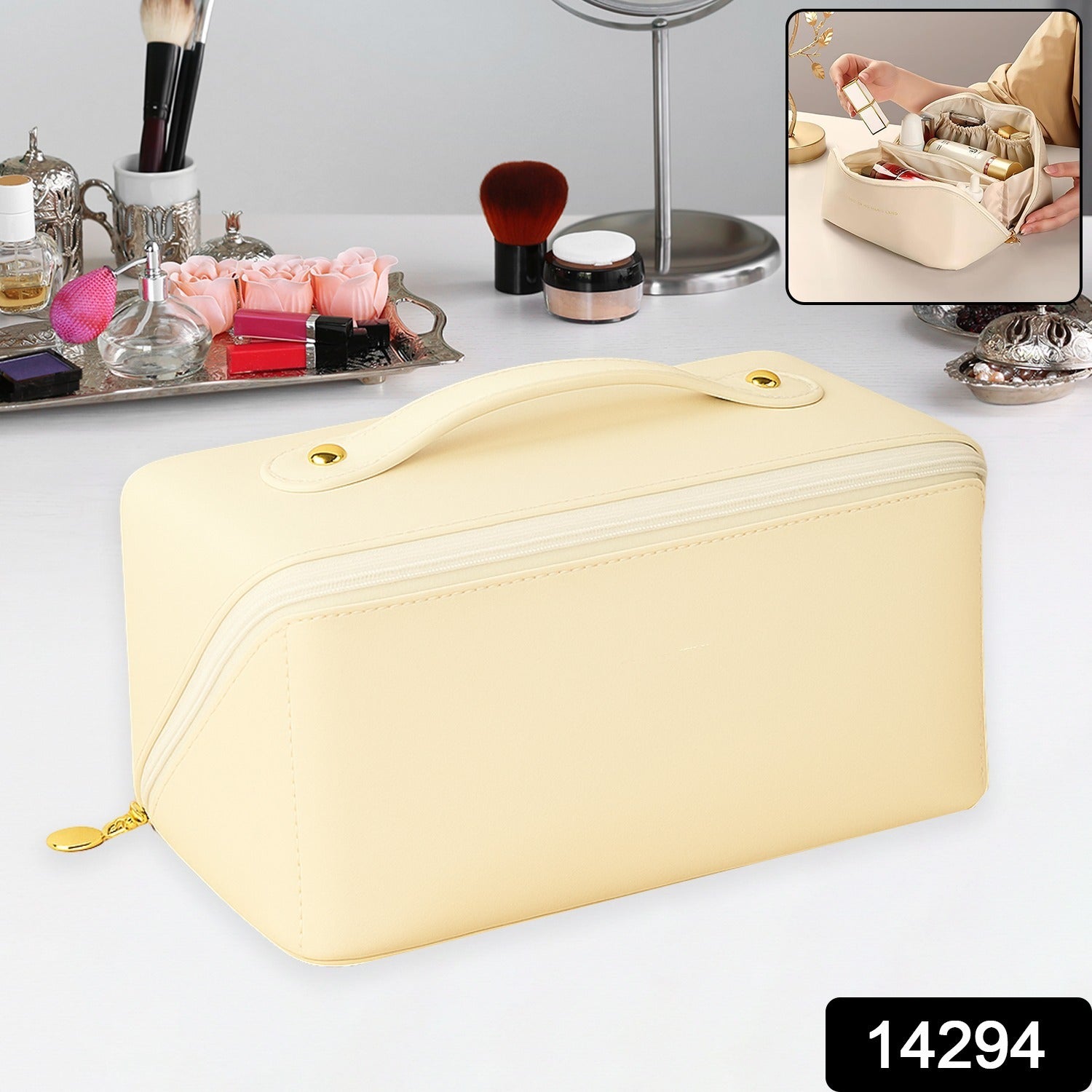 Ivory toiletry and beauty case with secure zipper closure for travel