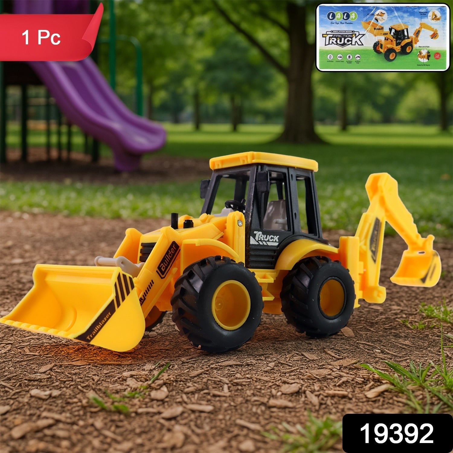 Backhoe Loader Toy Truck featuring movable front loader and rear backhoe arms
