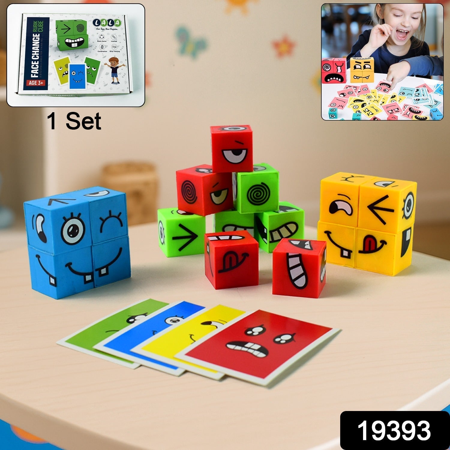 Montessori emotions puzzle cube toy set featuring colorful expression cubes