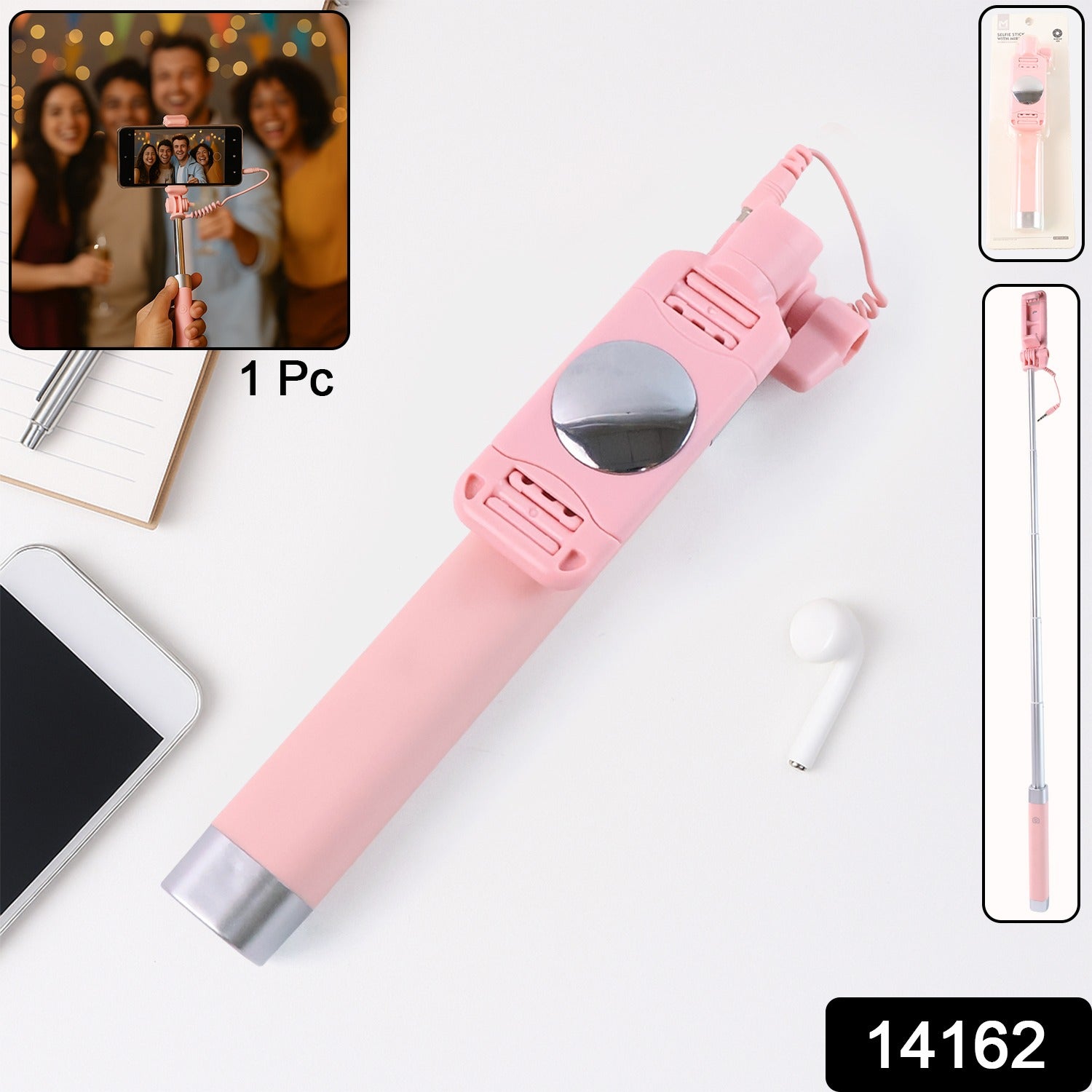 Close-up view of wired selfie stick showing rearview mirror and shutter button
