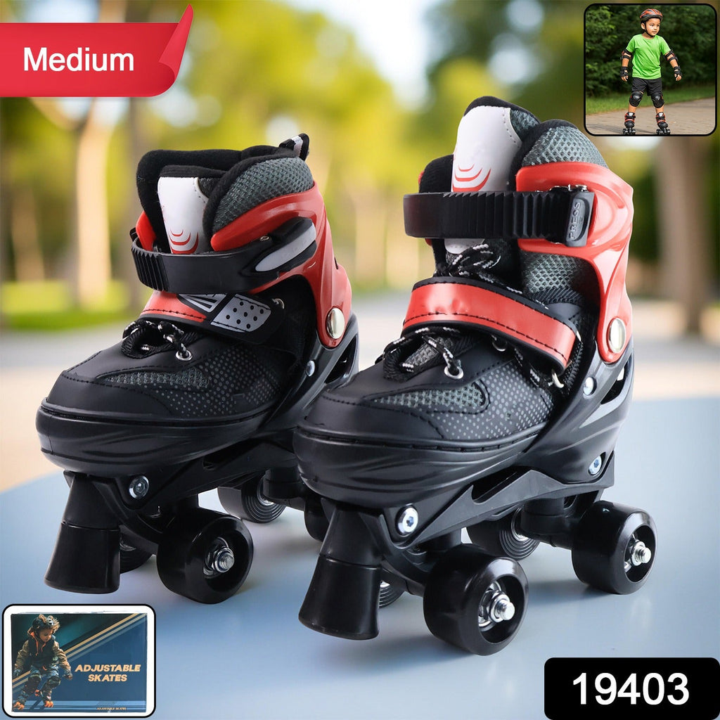 Side view of adjustable medium-size quad roller skates for kids with double-lock closures
