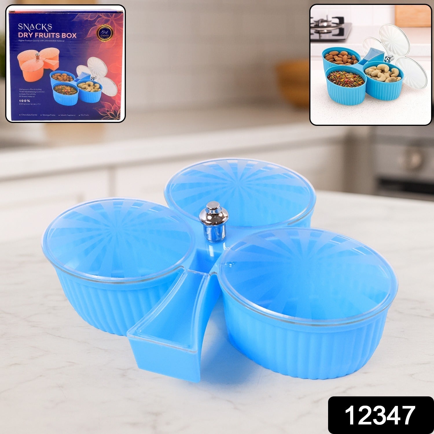Blue dry fruit server with transparent lids and compartments